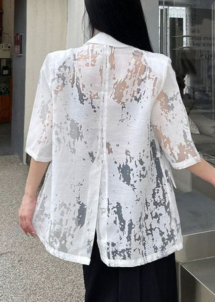 Half Notched Out White Coat Sleeve Cotton Hollow Button FashionChic