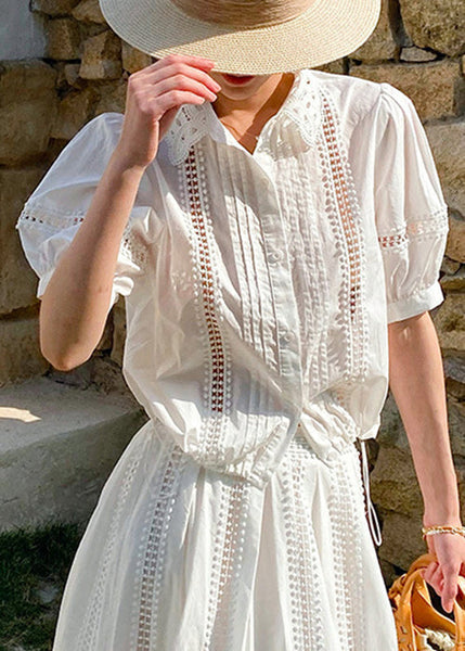 White Hollow Pan Out Peter Collar Shirts Cotton Summer FashionChic