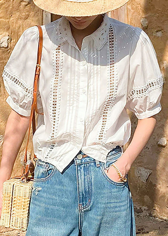 White Hollow Pan Out Peter Collar Shirts Cotton Summer FashionChic