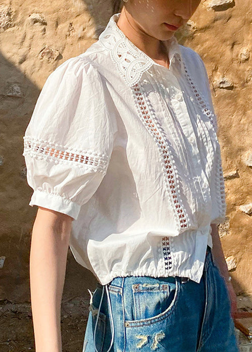 White Hollow Pan Out Peter Collar Shirts Cotton Summer FashionChic