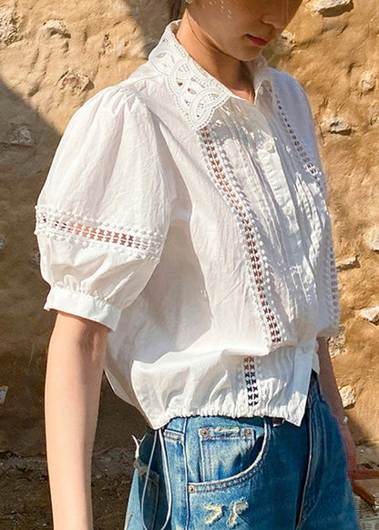 White Hollow Pan Out Peter Collar Shirts Cotton Summer FashionChic