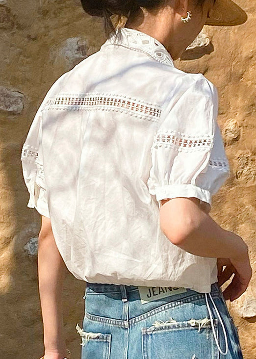 White Hollow Pan Out Peter Collar Shirts Cotton Summer FashionChic