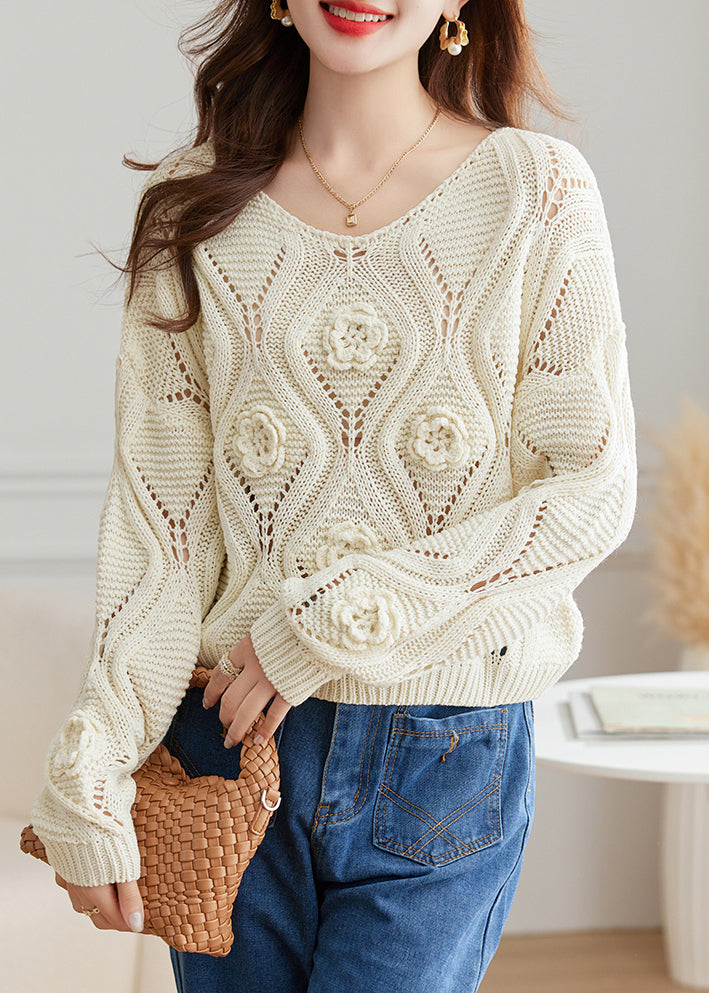 White Hollow Out Cozy Knit Fall Sweater O Neck QS028 OM-BB241010