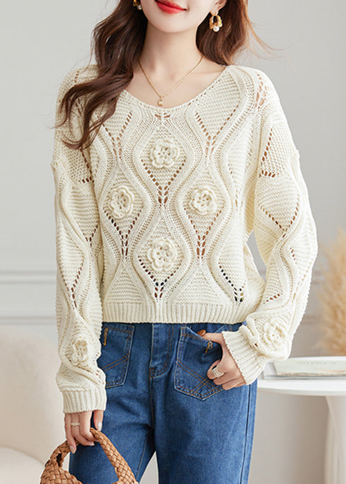 White Hollow Out Cozy Knit Fall Sweater O Neck QS028 OM-BB241010