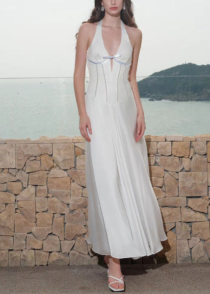 Cotton Lace Summer Dress Long V Hollow Up Neck White Out FashionChic