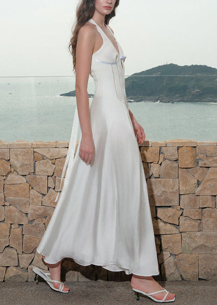 Cotton Lace Summer Dress Long V Hollow Up Neck White Out FashionChic