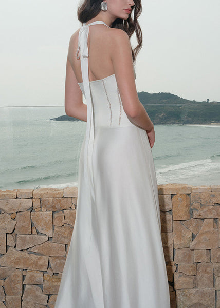 Cotton Lace Summer Dress Long V Hollow Up Neck White Out FashionChic