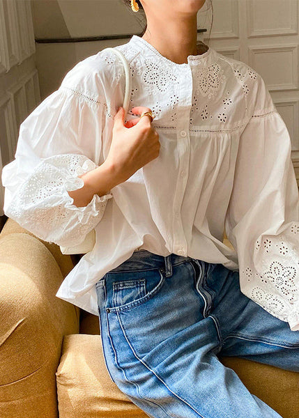 Loose Sleeve Embroidered Out Butterfly Cotton Hollow Blouse White FashionChic