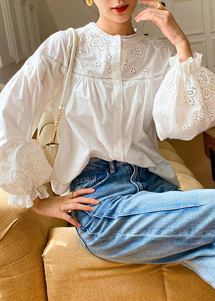 Loose Sleeve Embroidered Out Butterfly Cotton Hollow Blouse White FashionChic