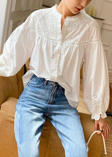 Loose Sleeve Embroidered Out Butterfly Cotton Hollow Blouse White FashionChic