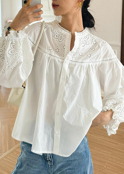 Loose Sleeve Embroidered Out Butterfly Cotton Hollow Blouse White FashionChic