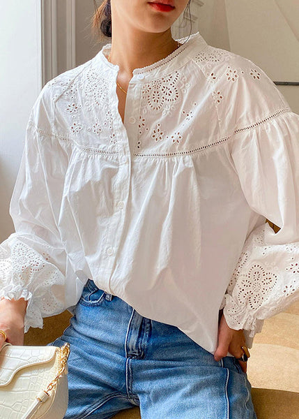 Loose Sleeve Embroidered Out Butterfly Cotton Hollow Blouse White FashionChic
