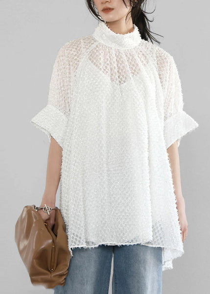 A Stand Collar Tops White Hollow Out Tulle Line Summer FashionChic