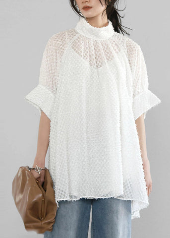 A Stand Collar Tops White Hollow Out Tulle Line Summer FashionChic