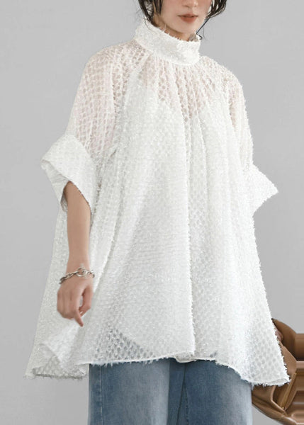 A Stand Collar Tops White Hollow Out Tulle Line Summer FashionChic