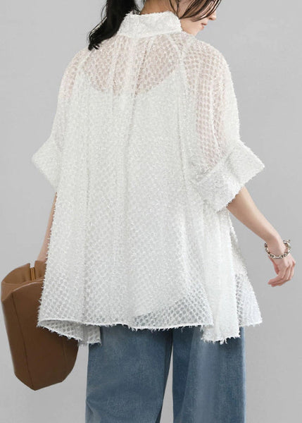 A Stand Collar Tops White Hollow Out Tulle Line Summer FashionChic