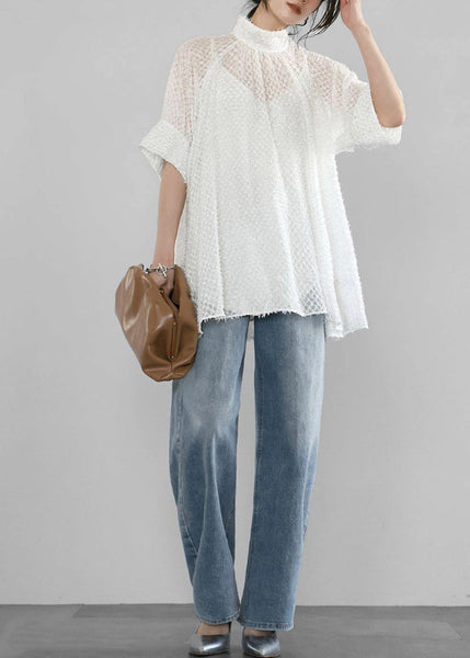 A Stand Collar Tops White Hollow Out Tulle Line Summer FashionChic