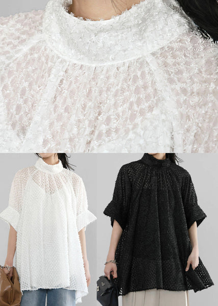 A Stand Collar Tops White Hollow Out Tulle Line Summer FashionChic