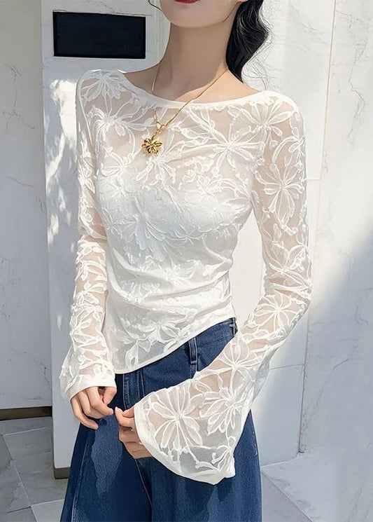 Shirts Slim Asymmetrical Tulle T White Fit Flare Sleeve Jacquard FashionChic