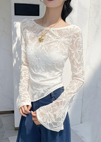 Shirts Slim Asymmetrical Tulle T White Fit Flare Sleeve Jacquard FashionChic