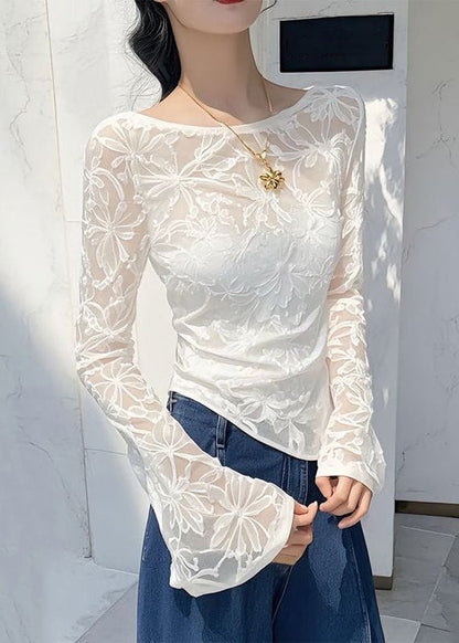 Shirts Slim Asymmetrical Tulle T White Fit Flare Sleeve Jacquard FashionChic