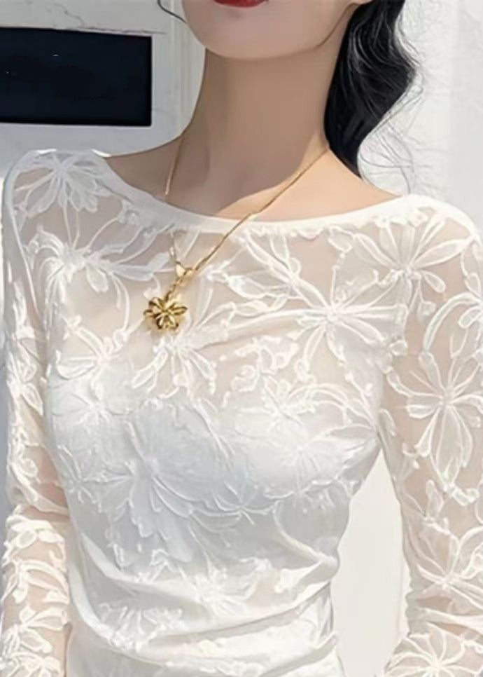 Shirts Slim Asymmetrical Tulle T White Fit Flare Sleeve Jacquard FashionChic