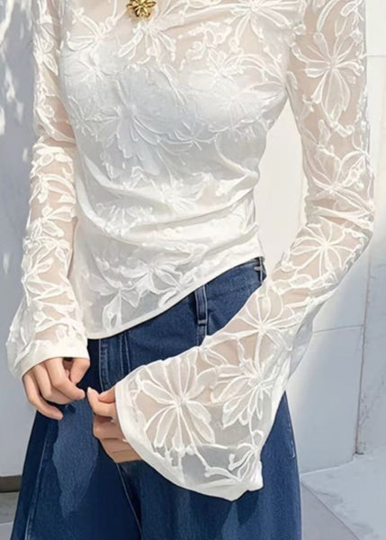 Shirts Slim Asymmetrical Tulle T White Fit Flare Sleeve Jacquard FashionChic