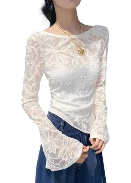 Shirts Slim Asymmetrical Tulle T White Fit Flare Sleeve Jacquard FashionChic