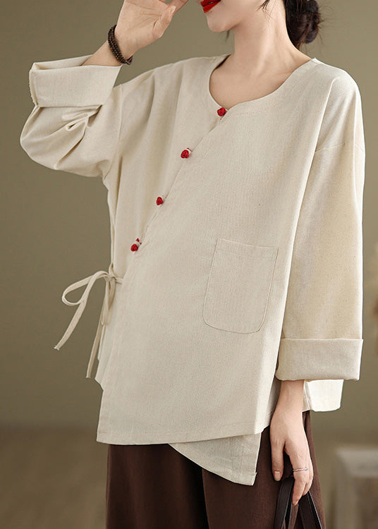 White Linen Shirt Top Oversized Lace Up Spring TJ022