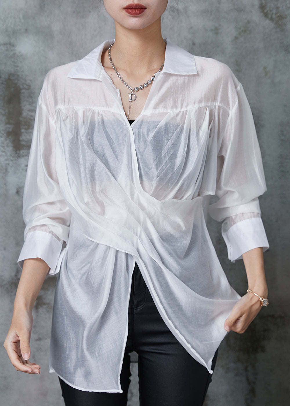 White Linen Shirt Tops Asymmetrical Side Open Summer AL1020 Genistyle Shop