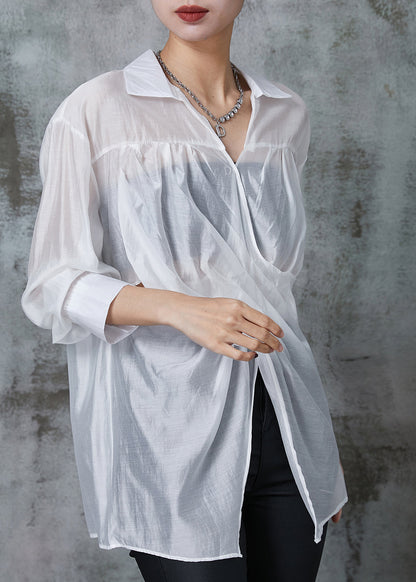 White Linen Shirt Tops Asymmetrical Side Open Summer AL1020 Genistyle Shop