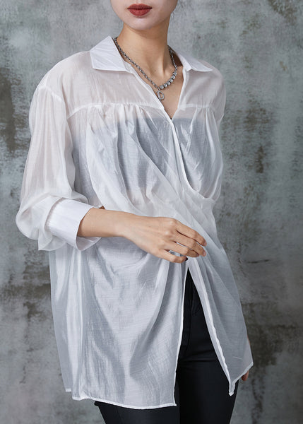White Linen Shirt Tops Asymmetrical Side Open Summer AL1020 Genistyle Shop