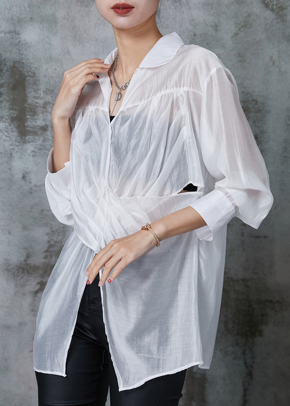 White Linen Shirt Tops Asymmetrical Side Open Summer AL1020 Genistyle Shop