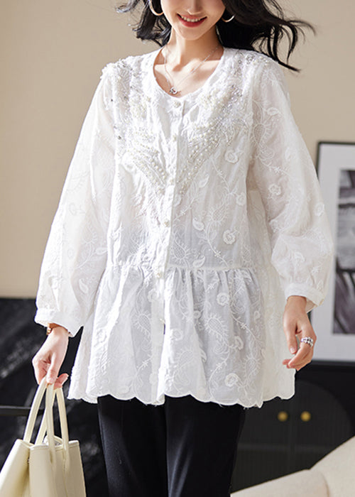 White Nail Bead Button Blouses Embroidered Long Sleeve AC1022 Genistyle Shop