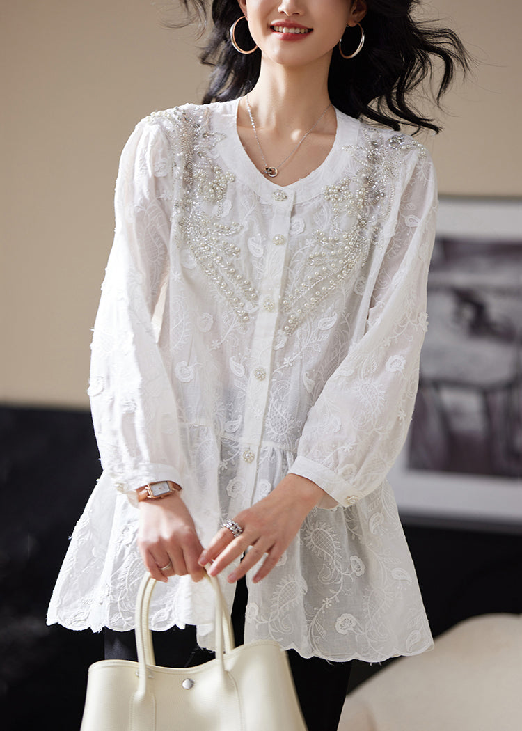 White Nail Bead Button Blouses Embroidered Long Sleeve AC1022 Genistyle Shop