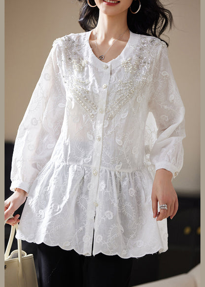 White Nail Bead Button Blouses Embroidered Long Sleeve AC1022 Genistyle Shop