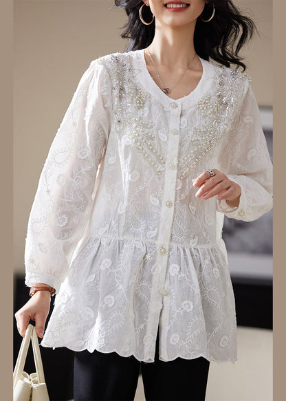 White Nail Bead Button Blouses Embroidered Long Sleeve AC1022 Genistyle Shop