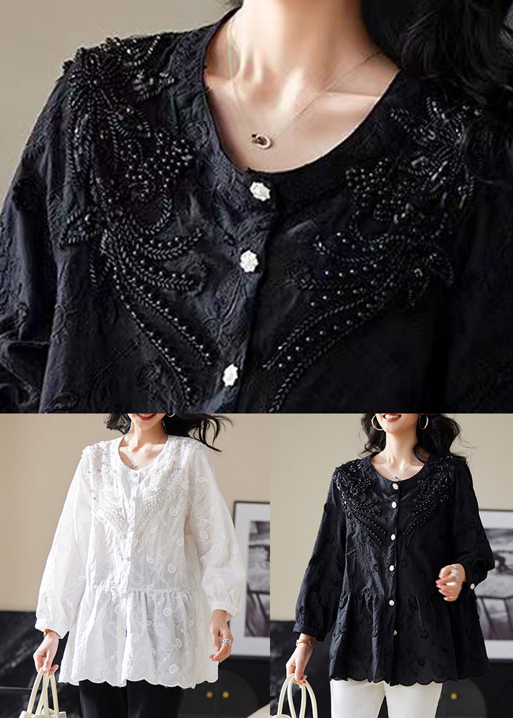 White Nail Bead Button Blouses Embroidered Long Sleeve AC1022 Genistyle Shop