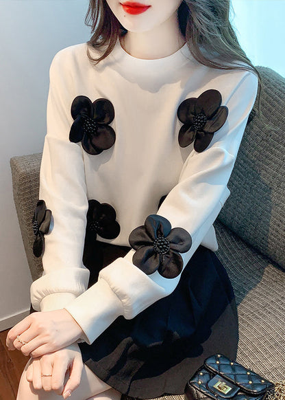 White Nail Bead Loose Cotton Sweatshirts O Neck Fall WM030 ABC