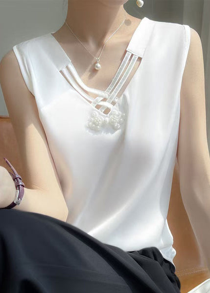 White Nail Sleeveless Bead Solid Tank Neck Silk V FashionChic
