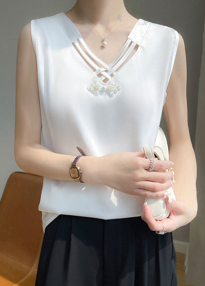 White Nail Sleeveless Bead Solid Tank Neck Silk V FashionChic