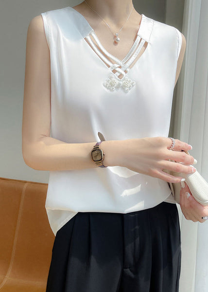 White Nail Sleeveless Bead Solid Tank Neck Silk V FashionChic