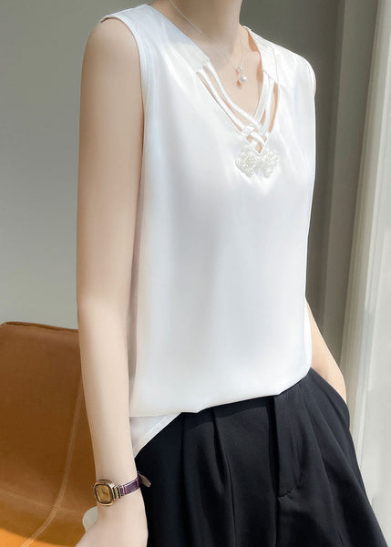 White Nail Sleeveless Bead Solid Tank Neck Silk V FashionChic