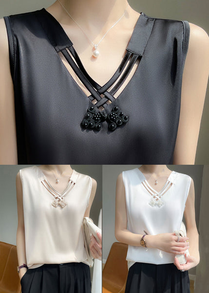 White Nail Sleeveless Bead Solid Tank Neck Silk V FashionChic