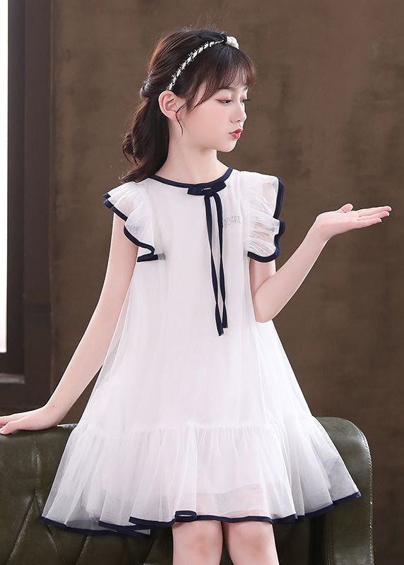 White O-Neck Bow Tulle Girls Mid Dresses Sleeveless EW033 WS-JRTZSDM240810