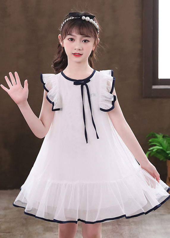 White O-Neck Bow Tulle Girls Mid Dresses Sleeveless EW033 WS-JRTZSDM240810