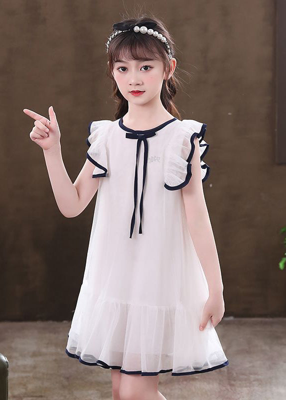 White O-Neck Bow Tulle Girls Mid Dresses Sleeveless EW033 WS-JRTZSDM240810
