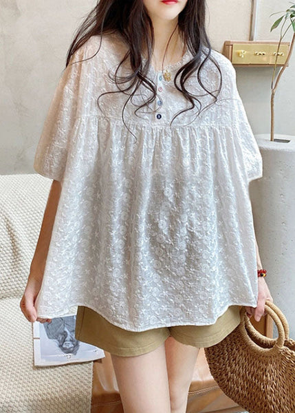 White O-Neck Lace Patchwork Shirts Summer BV034 MZF-STP240702