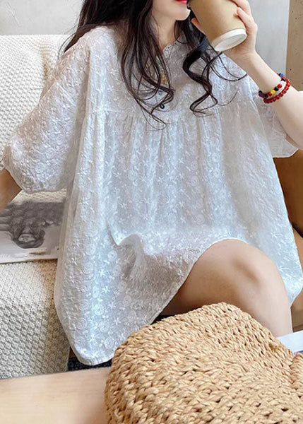 White O-Neck Lace Patchwork Shirts Summer BV034 MZF-STP240702
