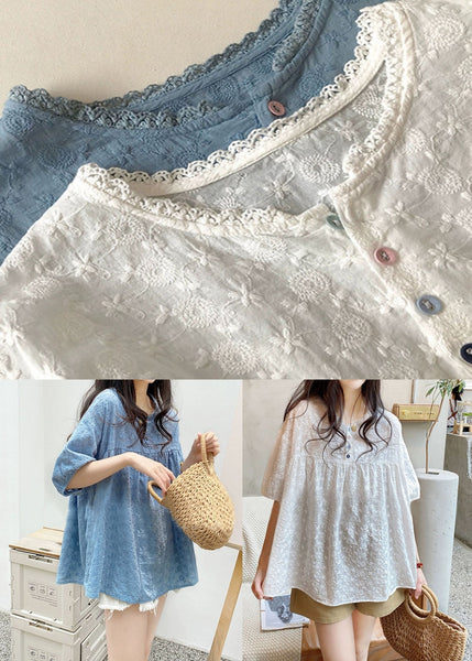 White O-Neck Lace Patchwork Shirts Summer BV034 MZF-STP240702